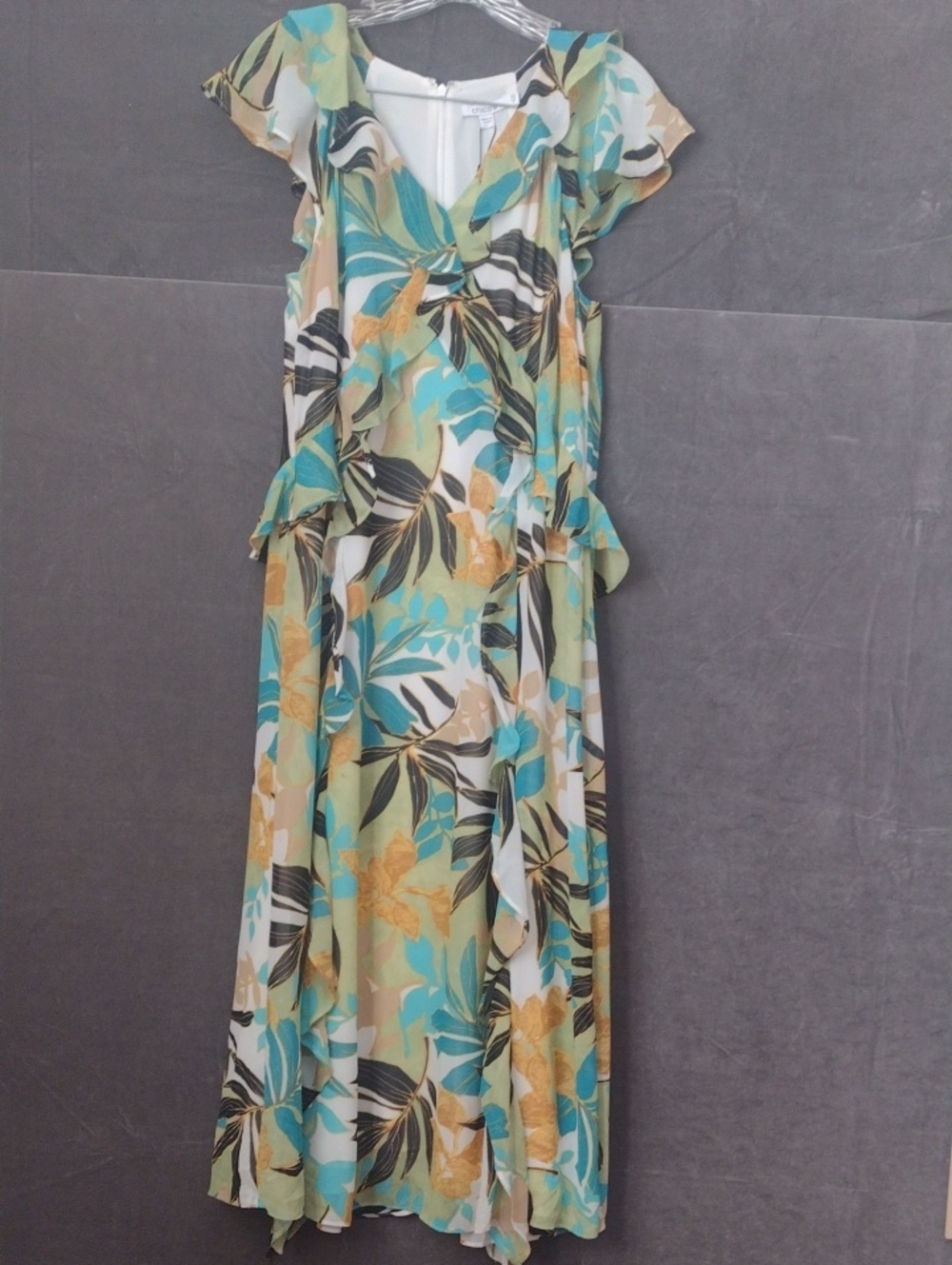 Chico's 0.5 US 6 Floral Ruffle Maxi Dress in Teal, Yellow, and Brown Cap Sleeve